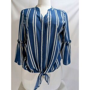 Alfani Blue White Striped‎ Tie Front Blouse Medium Bell Sleeve Top